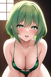 anime,busty,small tits,60s age,ahegao face,green hair,pixie hair style,light skin,warm anime,snow,close-up view,massage,lingerie