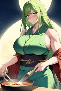 anime,muscular,huge boobs,60s age,sad face,green hair,slicked hair style,light skin,illustration,moon,close-up view,cooking,kimono