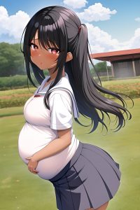 anime,pregnant,small tits,80s age,ahegao face,black hair,slicked hair style,dark skin,crisp anime,meadow,side view,yoga,schoolgirl