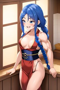 anime,muscular,small tits,40s age,laughing face,blue hair,braided hair style,light skin,dark fantasy,bathroom,side view,plank,geisha