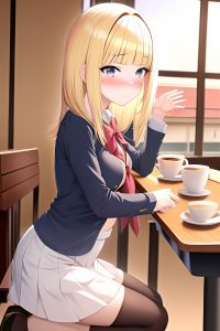 anime,busty,small tits,18 age,sad face,blonde,bangs hair style,light skin,warm anime,cafe,side view,jumping,schoolgirl