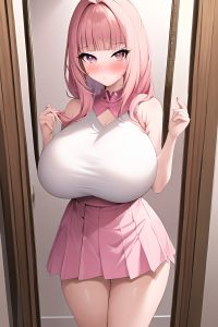 anime,skinny,huge boobs,18 age,pouting lips face,pink hair,bangs hair style,light skin,mirror selfie,forest,back view,cumshot,mini skirt