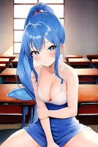 anime,busty,small tits,70s age,happy face,blue hair,ponytail hair style,light skin,watercolor,church,side view,spreading legs,teacher