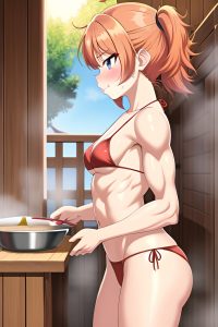 anime,muscular,small tits,80s age,pouting lips face,ginger,pixie hair style,light skin,painting,sauna,side view,cooking,bikini
