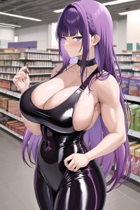anime,muscular,huge boobs,18 age,serious face,purple hair,bangs hair style,dark skin,watercolor,grocery,side view,jumping,latex
