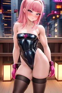 anime,muscular,small tits,30s age,pouting lips face,pink hair,slicked hair style,light skin,cyberpunk,onsen,front view,gaming,stockings