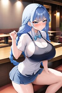 anime,skinny,huge boobs,80s age,angry face,blue hair,braided hair style,light skin,charcoal,restaurant,side view,t-pose,mini skirt