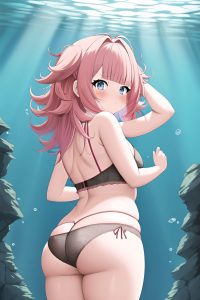 anime,chubby,small tits,30s age,serious face,pink hair,messy hair style,light skin,crisp anime,underwater,back view,on back,lingerie