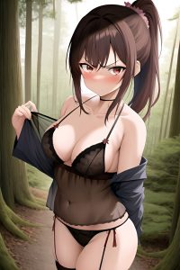 anime,busty,small tits,50s age,angry face,brunette,ponytail hair style,dark skin,vintage,forest,close-up view,massage,lingerie
