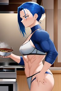 anime,muscular,small tits,50s age,serious face,blue hair,slicked hair style,dark skin,crisp anime,restaurant,side view,cooking,bra
