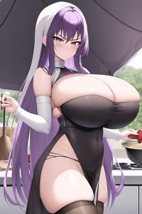 anime,skinny,huge boobs,20s age,serious face,purple hair,straight hair style,light skin,black and white,tent,front view,cooking,stockings