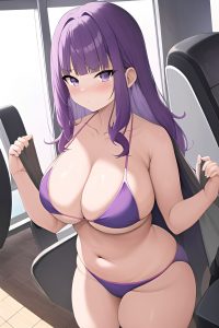 anime,chubby,small tits,60s age,serious face,purple hair,messy hair style,light skin,soft anime,gym,front view,on back,bikini