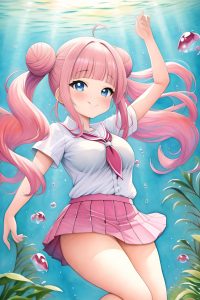 anime,chubby,small tits,80s age,seductive face,pink hair,hair bun hair style,light skin,watercolor,underwater,front view,t-pose,schoolgirl
