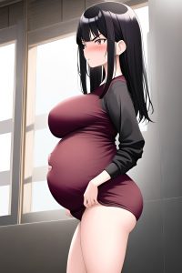 anime,pregnant,small tits,60s age,angry face,black hair,bangs hair style,light skin,warm anime,strip club,side view,yoga,fishnet