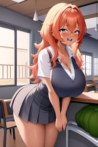 anime,busty,huge boobs,50s age,laughing face,ginger,messy hair style,dark skin,soft anime,grocery,side view,bending over,schoolgirl