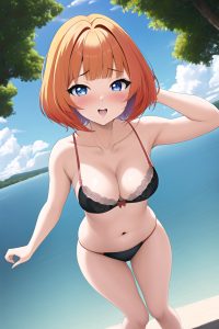 anime,busty,small tits,80s age,orgasm face,ginger,bobcut hair style,light skin,soft anime,lake,close-up view,t-pose,bra
