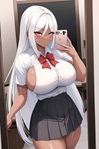 anime,muscular,huge boobs,50s age,ahegao face,white hair,straight hair style,dark skin,mirror selfie,car,front view,cooking,schoolgirl
