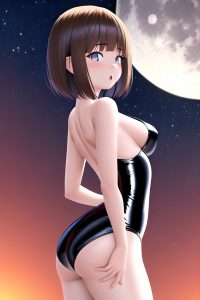 anime,busty,small tits,18 age,shocked face,brunette,bobcut hair style,light skin,3d,moon,back view,jumping,latex