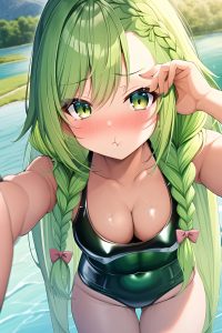 anime,busty,small tits,18 age,pouting lips face,green hair,braided hair style,dark skin,illustration,lake,close-up view,working out,latex