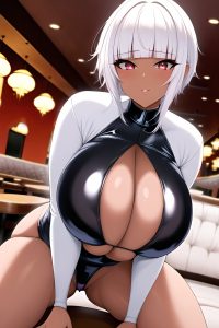 anime,busty,huge boobs,80s age,orgasm face,white hair,pixie hair style,dark skin,comic,restaurant,close-up view,straddling,latex