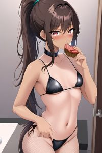 anime,skinny,small tits,18 age,shocked face,brunette,ponytail hair style,dark skin,crisp anime,strip club,close-up view,eating,fishnet
