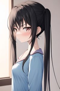 anime,skinny,small tits,18 age,serious face,black hair,pigtails hair style,light skin,soft anime,oasis,side view,cumshot,pajamas