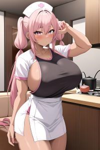 anime,muscular,huge boobs,80s age,shocked face,pink hair,pigtails hair style,dark skin,mirror selfie,couch,front view,cooking,nurse