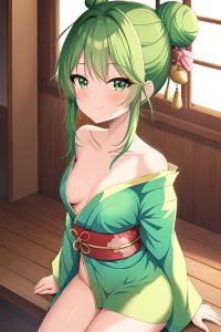 anime,skinny,small tits,20s age,happy face,green hair,hair bun hair style,light skin,soft anime,shower,close-up view,gaming,kimono