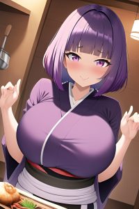 anime,busty,huge boobs,40s age,happy face,purple hair,bobcut hair style,dark skin,black and white,cave,close-up view,cooking,kimono