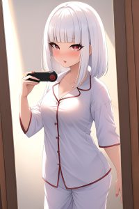 anime,busty,small tits,70s age,ahegao face,white hair,bangs hair style,light skin,mirror selfie,lake,close-up view,gaming,pajamas