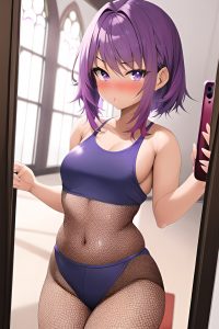 anime,busty,small tits,18 age,pouting lips face,purple hair,pixie hair style,dark skin,mirror selfie,church,close-up view,working out,fishnet