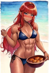 anime,muscular,small tits,40s age,pouting lips face,ginger,pixie hair style,dark skin,watercolor,wedding,front view,cooking,bikini