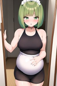 anime,pregnant,small tits,80s age,shocked face,green hair,bobcut hair style,light skin,mirror selfie,gym,side view,working out,maid