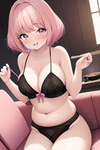 anime,chubby,small tits,70s age,orgasm face,pink hair,bobcut hair style,light skin,black and white,couch,front view,cooking,lingerie