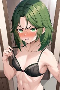 anime,muscular,small tits,30s age,angry face,green hair,slicked hair style,dark skin,mirror selfie,forest,close-up view,straddling,bra