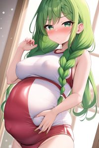 anime,pregnant,small tits,30s age,pouting lips face,green hair,braided hair style,light skin,skin detail (beta),snow,close-up view,working out,latex