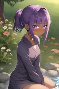 anime,skinny,small tits,20s age,sad face,purple hair,slicked hair style,dark skin,film photo,meadow,front view,bathing,teacher