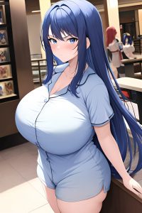 anime,chubby,huge boobs,30s age,serious face,blue hair,straight hair style,light skin,film photo,mall,side view,gaming,pajamas
