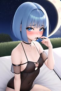 anime,busty,small tits,18 age,sad face,blue hair,bobcut hair style,light skin,3d,moon,close-up view,eating,fishnet