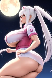 anime,muscular,huge boobs,70s age,seductive face,white hair,pigtails hair style,light skin,3d,moon,side view,jumping,nurse