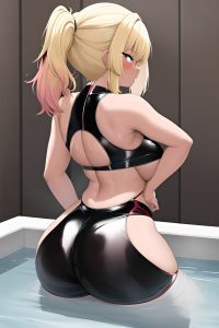 anime,busty,small tits,80s age,sad face,blonde,bangs hair style,dark skin,painting,gym,back view,bathing,latex