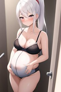 anime,pregnant,small tits,50s age,shocked face,white hair,ponytail hair style,light skin,crisp anime,shower,close-up view,gaming,bra