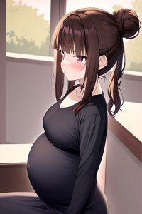 anime,pregnant,small tits,40s age,serious face,brunette,hair bun hair style,light skin,crisp anime,party,side view,sleeping,goth