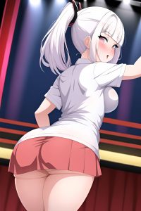 anime,chubby,small tits,80s age,ahegao face,white hair,ponytail hair style,light skin,comic,stage,back view,bending over,mini skirt