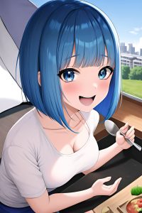 anime,busty,small tits,50s age,laughing face,blue hair,bobcut hair style,light skin,cyberpunk,tent,close-up view,cooking,teacher
