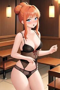 anime,busty,small tits,60s age,shocked face,ginger,hair bun hair style,light skin,vintage,restaurant,front view,massage,lingerie