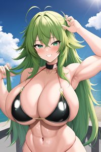 anime,muscular,huge boobs,20s age,happy face,green hair,messy hair style,light skin,soft anime,train,back view,on back,latex