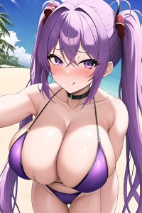 anime,muscular,huge boobs,50s age,ahegao face,purple hair,pigtails hair style,light skin,comic,beach,close-up view,t-pose,teacher