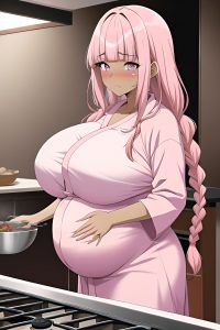 anime,pregnant,huge boobs,70s age,sad face,pink hair,braided hair style,dark skin,soft anime,restaurant,front view,cooking,bathrobe
