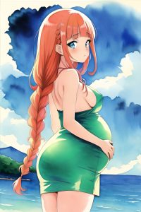 anime,pregnant,small tits,70s age,seductive face,ginger,braided hair style,light skin,watercolor,onsen,back view,bending over,latex